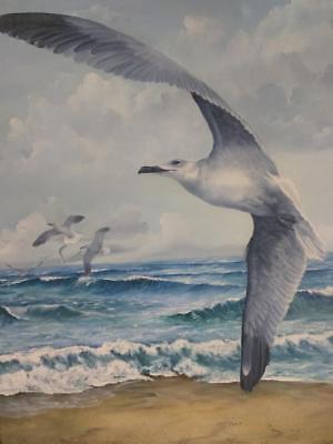 300x400 Vintage Old Original Nautical Oil Painting Seagulls Beach Art - Painting Seagulls