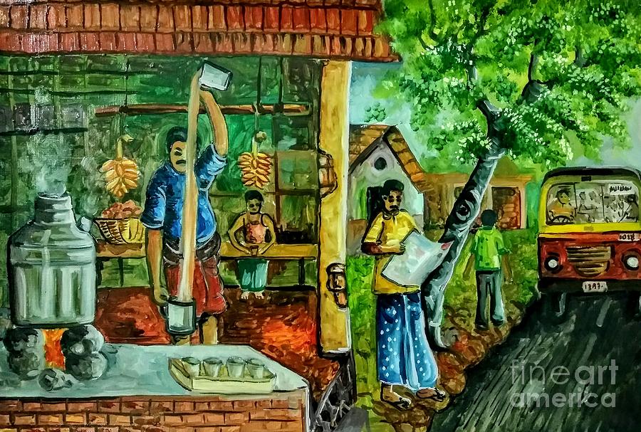 900x607 Village Tea Shop India Painting By Sreejesh Koonery - Painting Shop