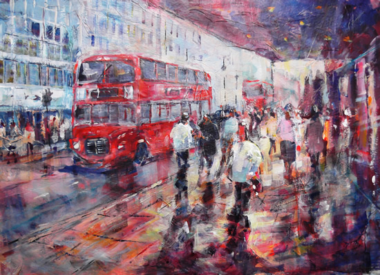 550x398 Red Busses In London Busy Shopping Street - Painting Shopping