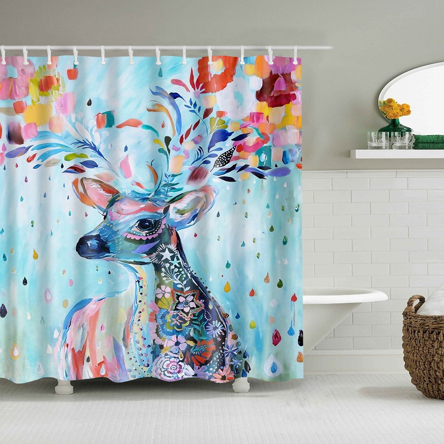 1500x1500 Colorful Deer Oil Painting Shower Curtain Antlers Tree Art Gojeek - Painting Shower Curtain