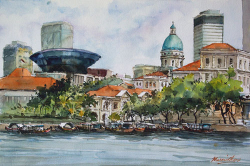 500x332 Plein Aire ~ Malay Village Along Sarawak River And Singapore River - Painting Singapore