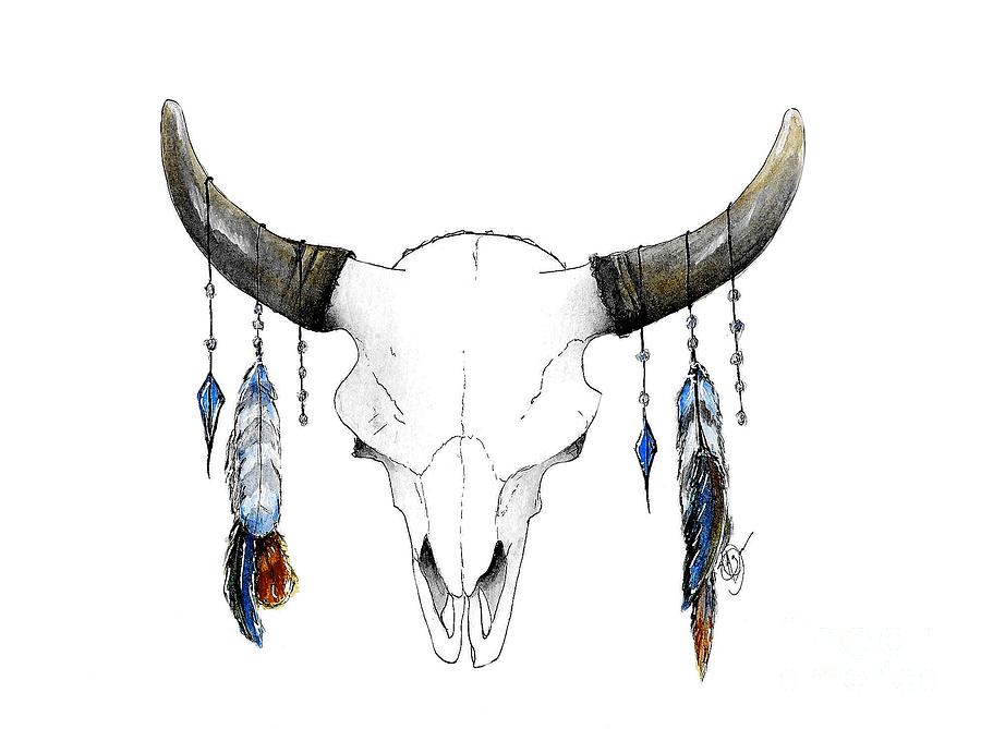 900x669 Cattle Skull With Feathers Painting By Tiffany Jones - Painting Steer Skull
