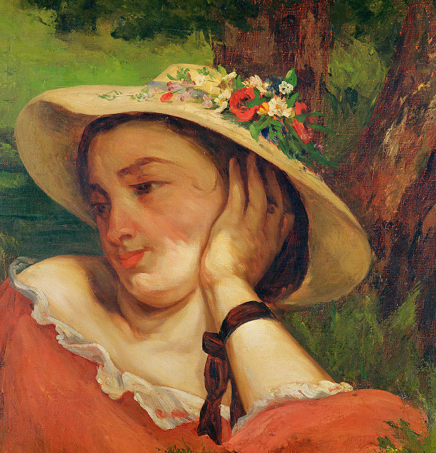 868x900 Woman In A Straw Hat With Flowers Painting By Gustave Courbet - Painting Straw Hats