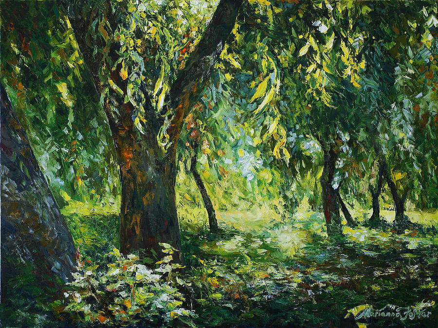 900x675 Sunlight Into The Willow Trees Painting By Marianna Foster - Painting Sunlight Through Trees