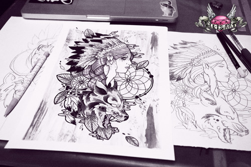 500x333 Wolf Painting Tattoo Ink Pin Up Native American Tattoo Design - Painting Tattoo Flash