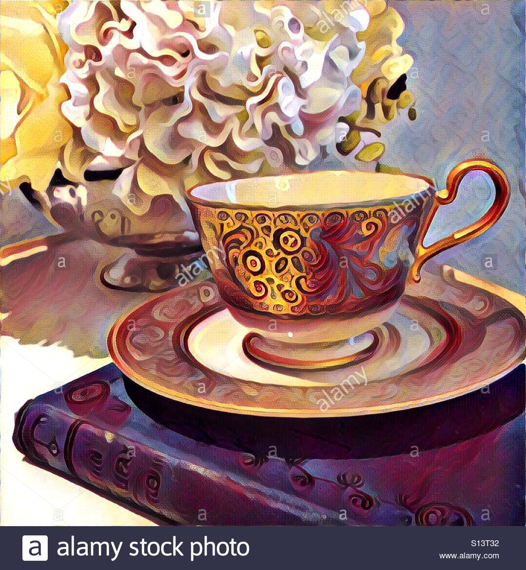 1080x1170 A Digital Painting Of. Fancy Tea Cup On A Saucer, Atop A Book - Painting Tea Cup