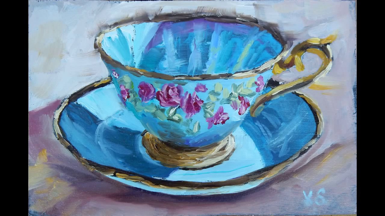 1280x720 Demo. Oil Painting Of A Green Tea Cup, Mug. Simple Still Life - Painting Tea Cup