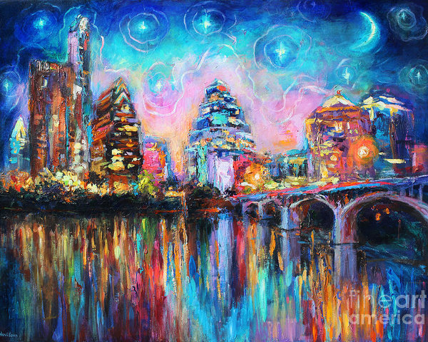 600x480 Contemporary Downtown Austin Art Painting Night Skyline Cityscape - Painting Texas