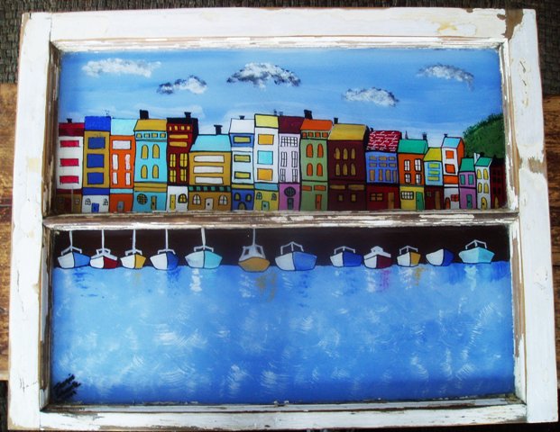 621x480 Vermont Folk Art Paintings On Old Restored Windows, Reverse Folk - Painting That Look Like Windows