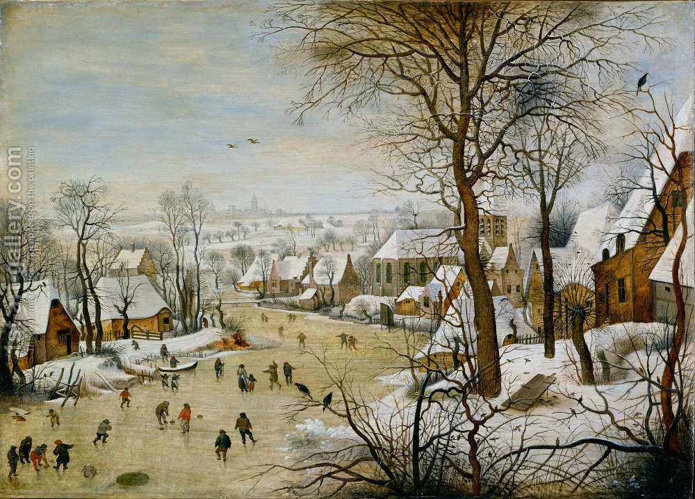 1000x718 Winter Landscape With Skaters And Bird Trap 1565 Pieter The Elder - Painting Trap
