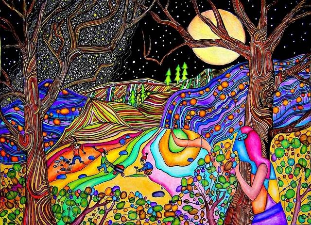 640x464 Dora Mandragora Artwork Fullmoon On Psychedelic Hill Original - Painting Trippy