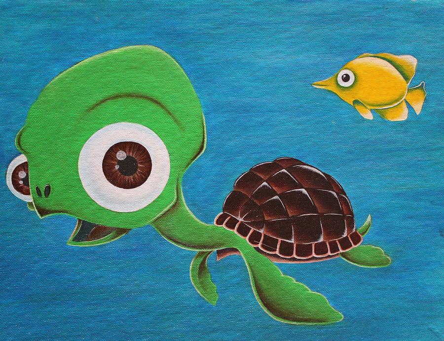 900x692 Lonesome Fish And Friendly Turtle Painting By Landon Clary - Painting Turtle