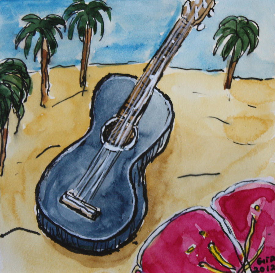 900x893 Ukulele At The Beach Painting By Gitta Brewster - Painting Ukulele