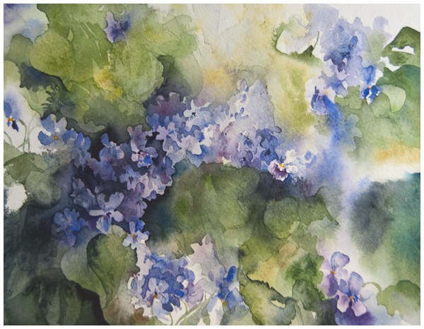 600x466 Three Examples Of Violets Painted Loosely In Watercolor Angela - Painting Violets