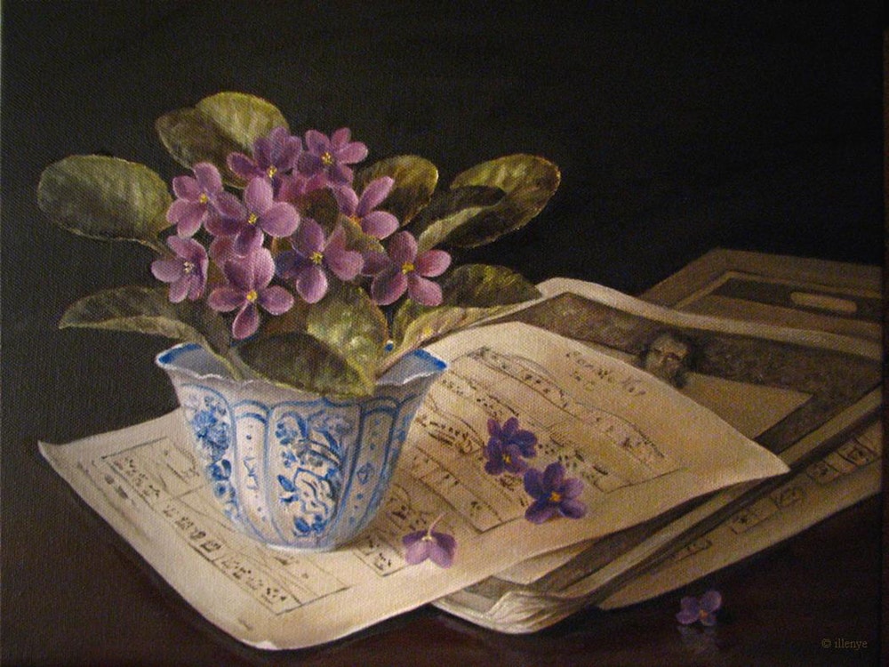 1000x750 Violets Amp Sheet Music Classical Oil Painting By Artist Jeanne - Painting Violets
