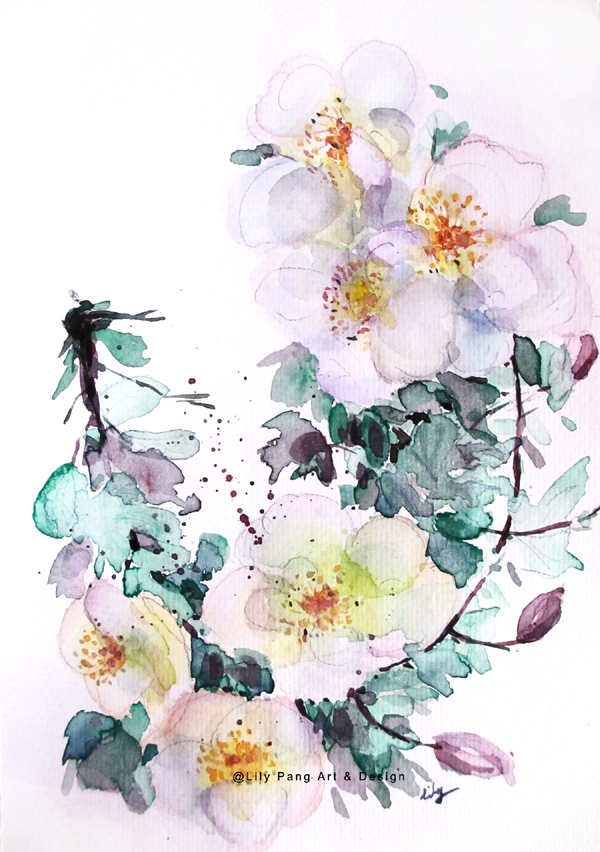600x852 Lily Pang And Michelle White Flowers Original Watercolor Painting - Painting White Flowers