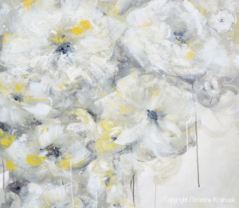480x418 Original Art Yellow Grey Abstract Painting White Flowers Coastal - Painting White Flowers