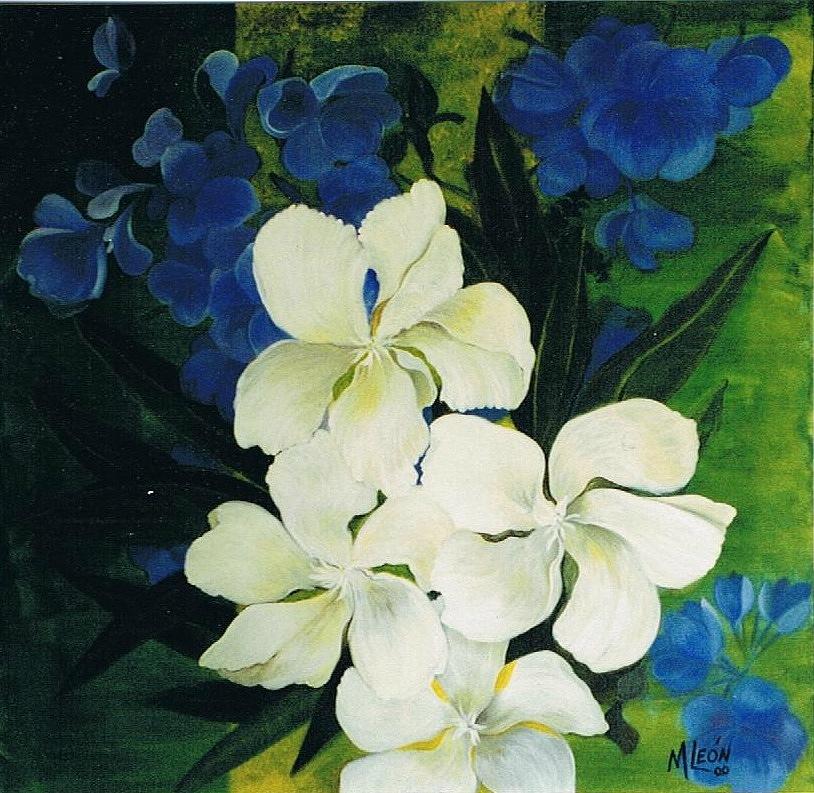 814x793 Blue And White Flowers Painting By Maria Leon Ortiz - Painting White Flowers