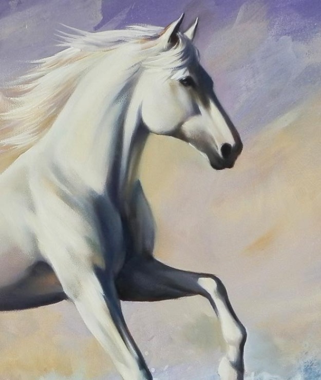 625x740 Large Running White Horse, Sea Shore, Seascape, - Painting White Horse
