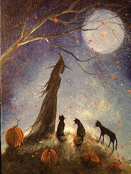 255x340 Original Ooak Painting Witch Cat Girl Halloween Gothic Folk Art - Painting Witch
