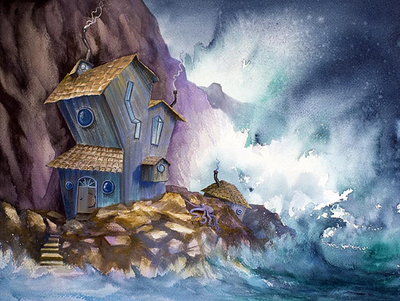 570x429 Original Witches Cottage 3 Gouache Painting Witch Art - Painting Witch