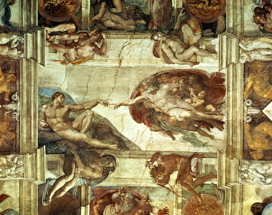 900x713 The Creation Of Adam Painting By Michelangelo - Painting With God And Adam