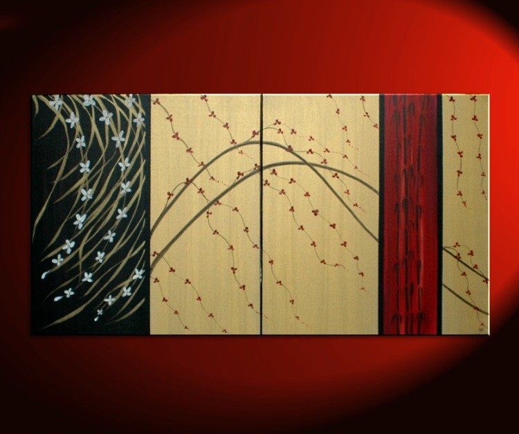 750x627 Large Cherry Blossom Painting Gold Red Black Abstract Modern Art - Painting With Red