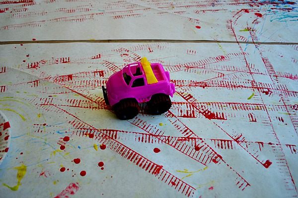 600x399 Art Activities Large Scale Vehicles Painting Fun Littles - Painting With Toy Cars