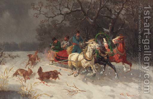 512x334 Three Men In A Troika Chased By Wolves Russian School Reproduction - Painting With Troika