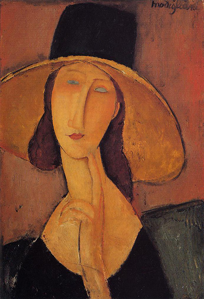 400x586 Portrait Of Jeanne Hebuterne In A Large Hat By Amedeo Modigliani - Painting With Two Fingers Touching