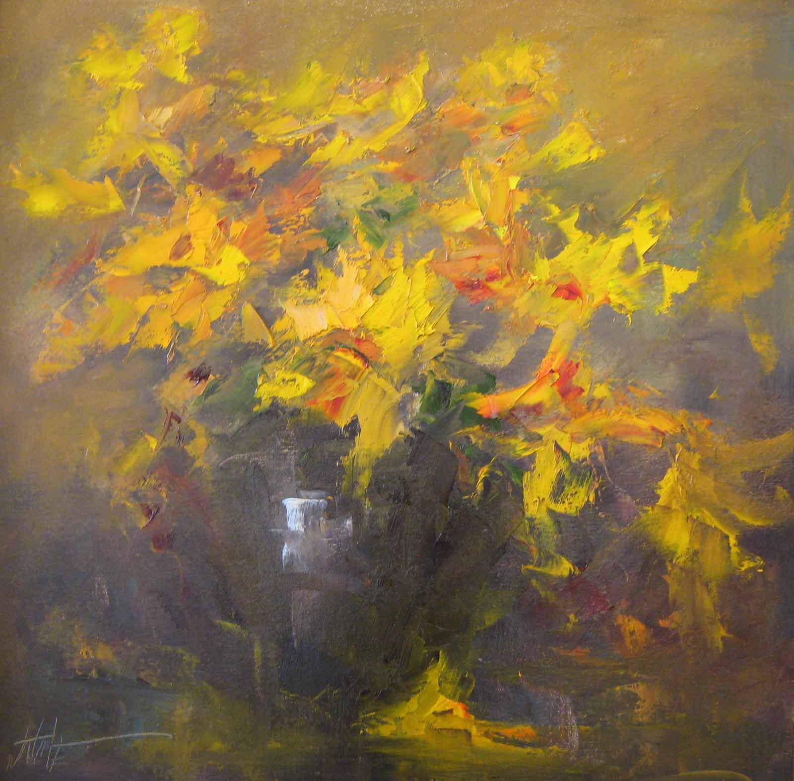 1600x1572 Yellow Flowers Oil Painting With Palette Knife Flowers - Painting With Yellow