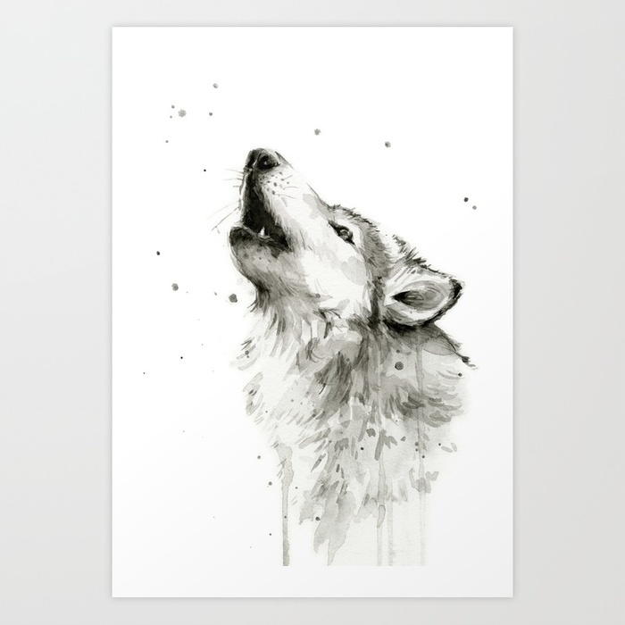 700x700 Wolf Howling Watercolor Animals Painting Black And White Art Print - Painting Wolf