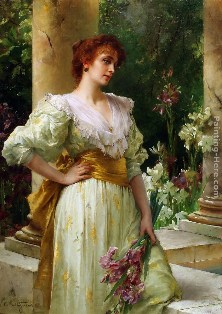 705x1000 Conrad Kiesel Woman In White Holding Irises Painting Anysize 50 - Painting Woman