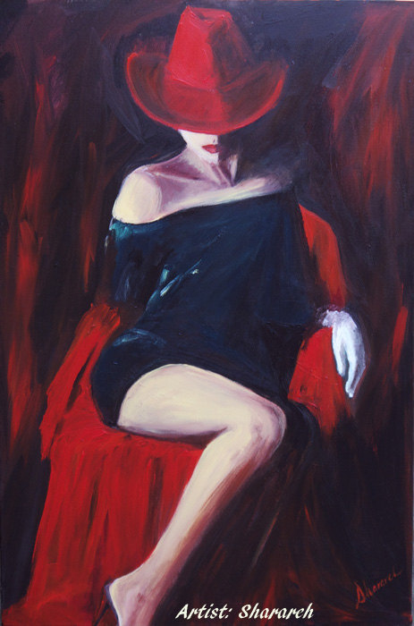 463x700 Woman With Red Hat Print On Paper Black And Red Painting - Painting Woman In Black Dress