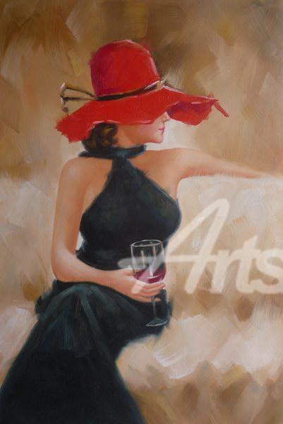 401x600 Women In Black Dress And Red Hat Oil Painting - Painting Woman In Black Dress