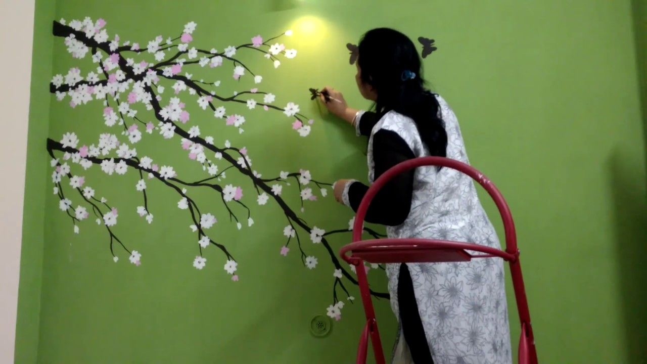 1280x720 Wall Painting Cherry Blossom Flower Green Wall Painting Babita - Painting Youtube