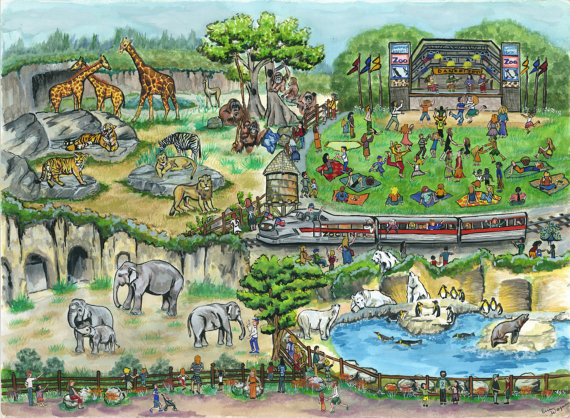 570x418 Day At The Zoo Print From Original Painting - Painting Zoo