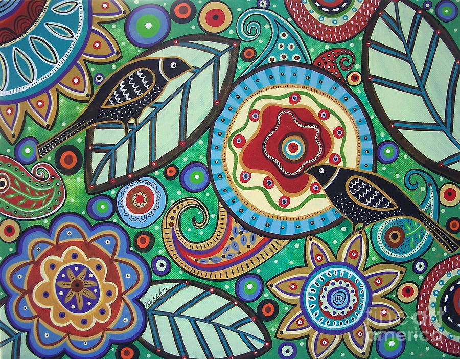 900x702 Garden Birds Painting By Karla Gerard - Paisley Painting