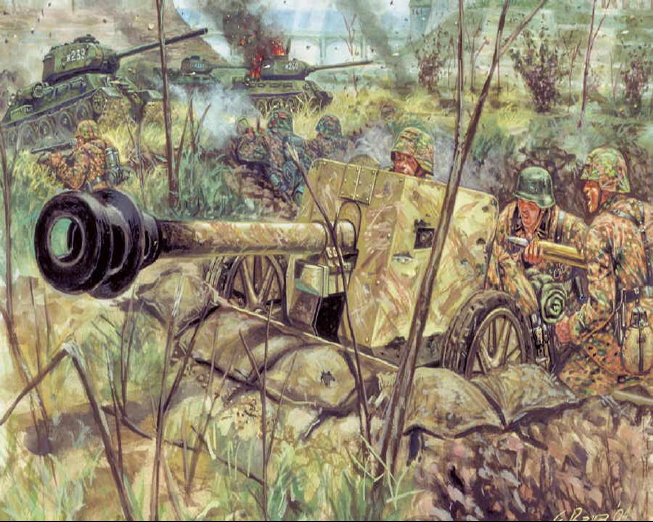 1280x1024 Photos Soldiers German Pak 40 At Gun Wser Painting Art Army - Pak Painting