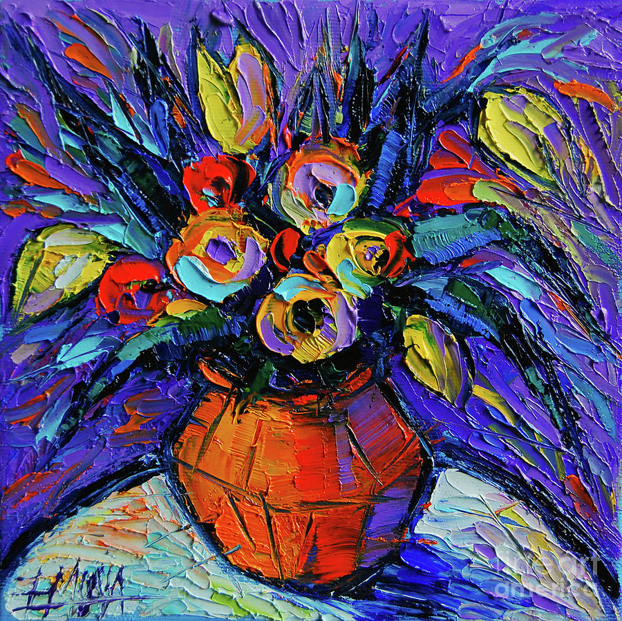 900x899 Spring Bouquet In Orange Vase - Palette Knife Oil Painting