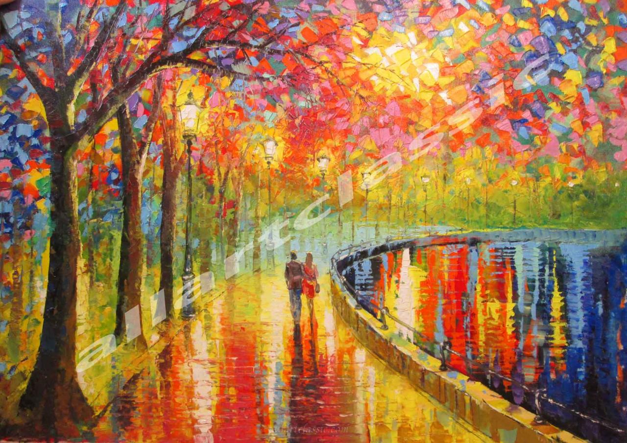 1280x905 Couple Walking By The Lake Oil Painting On Canvas Using Palette - Palette Knife Oil Painting