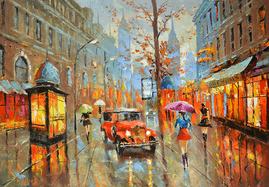 869x606 Rainy Boulevard - Palette Knife Painting