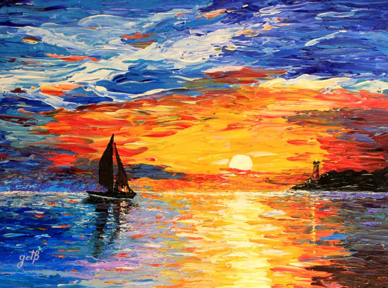 770x573 Saatchi Art Romantic Sea Sunset Acrylic Palette Knife Painting - Palette Knife Painting Acrylic