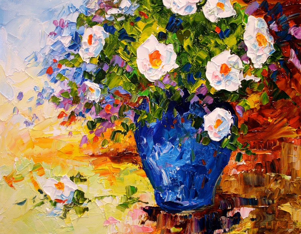 1000x778 White Peonies Blue Vase' Palette Knife Flower Floral Oil Painting - Palette Knife Painting Artists
