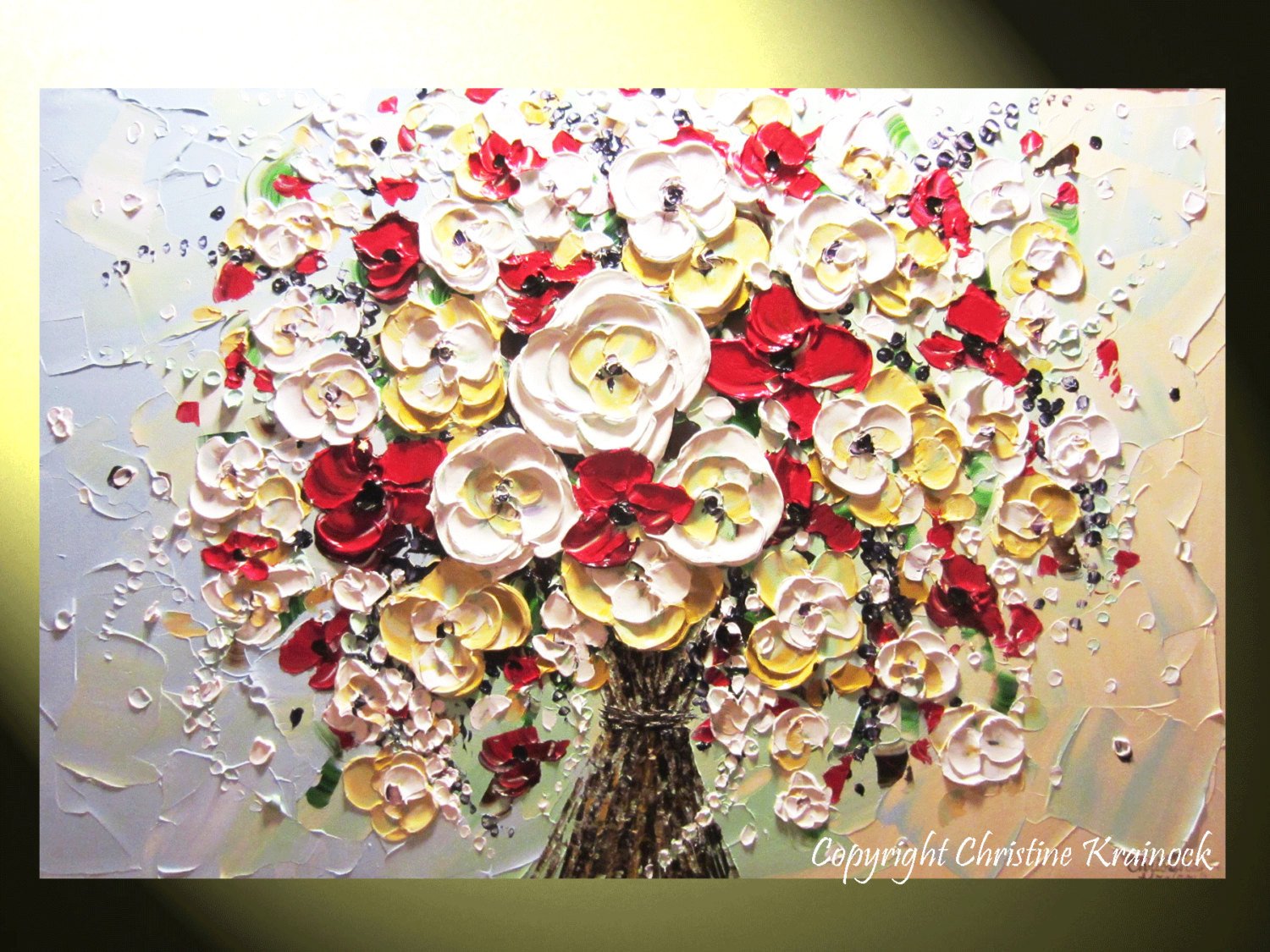 1500x1125 Sold Original Art Abstract Painting Flower Bouquet White Red - Palette Knife Painting Flowers