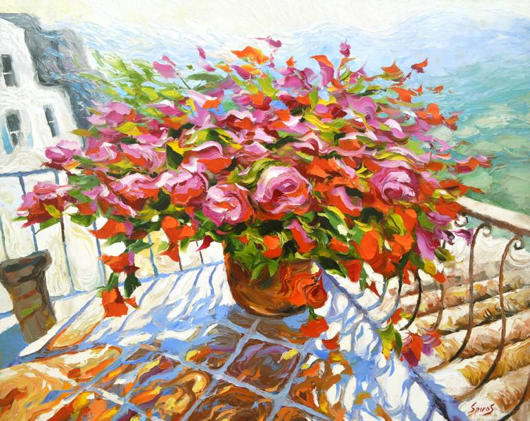770x612 Saatchi Art Flowers On The Balcony Oil. Palette Knife Painting - Palette Knife Painting Flowers
