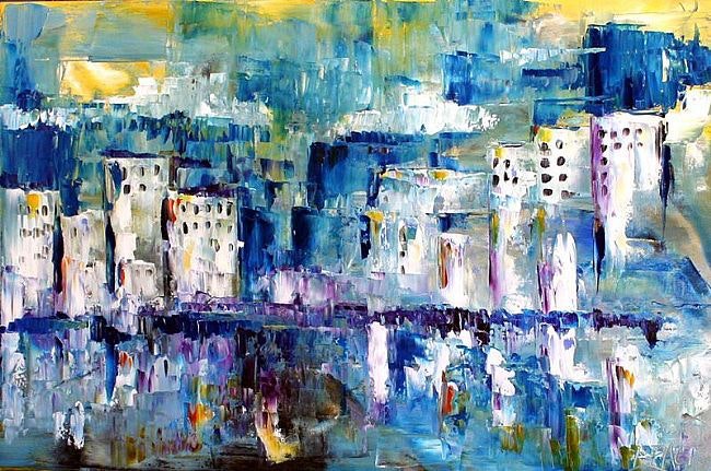 650x431 New Years Rain Contemporary Cityscape Palette Knife Painting - Pallet Knife Painting