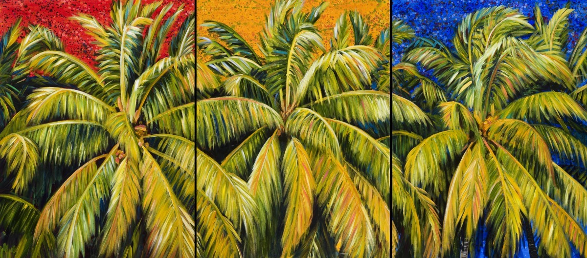 1200x528 Painting Coconut Palm Tops Red Yellow Blue (Original Art By - Palm Painting