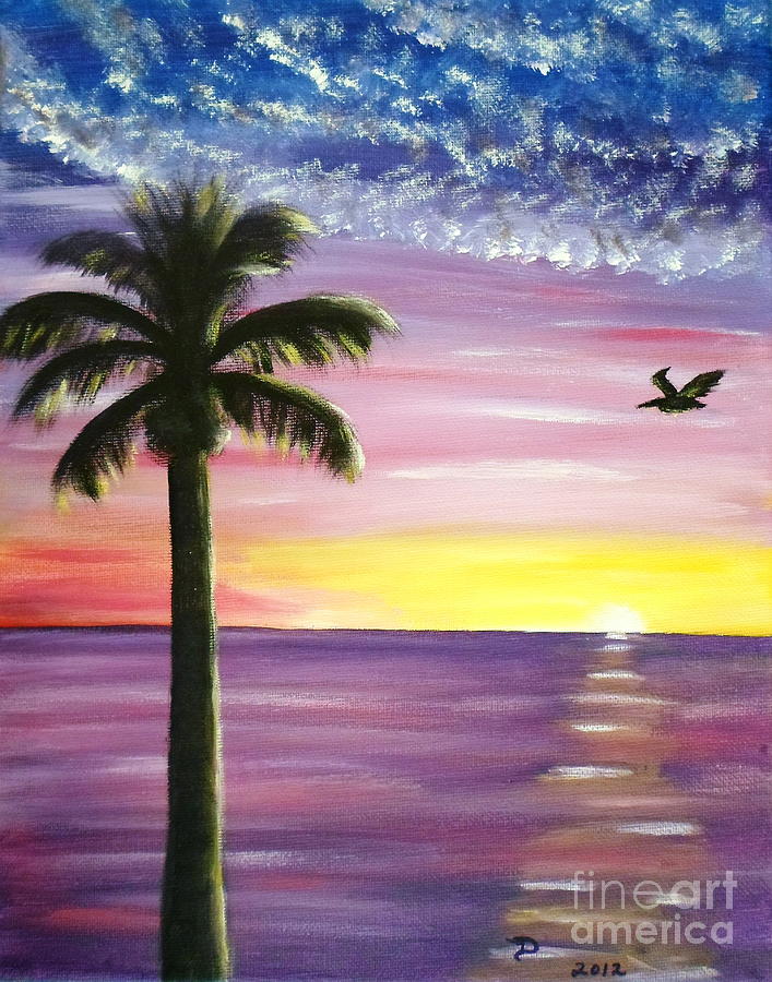 707x900 Pelican And Palm Tree Sunset Painting By Diane Wigstone - Palm Tree Acrylic Painting