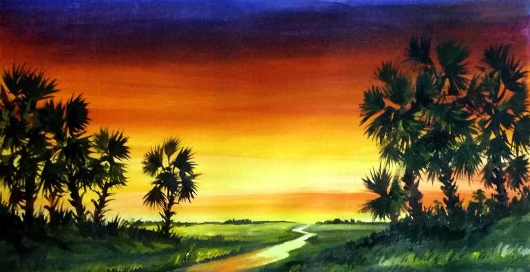 770x395 Saatchi Art Rural Sunset Amp Palm Trees - Palm Tree Acrylic Painting